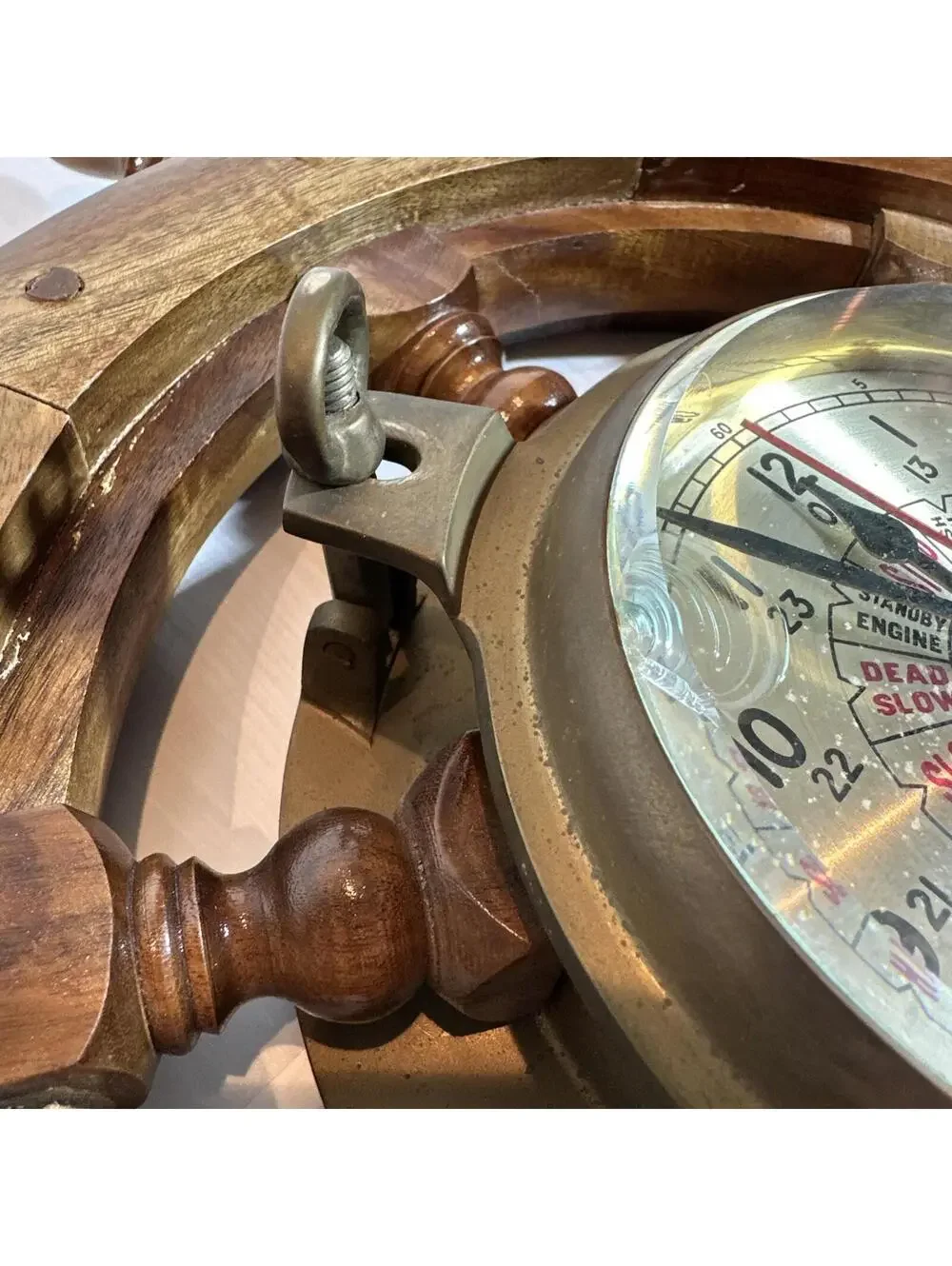 Vintage‎ Chadburns Nautical Porthole Ship Wheel Wall Clock Wooden Brass 18 1/2”